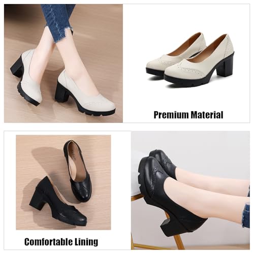 Women's Genuine Leather Brogue Wing Tip Chunky Block Heel Pumps Retro Round Toe Platform Lug Sole Non-Slip Comfortable Slip-On Office Dress Shoes for Walking Commuting Daily2
