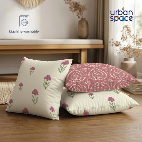 Image of Urban Space Decorative Cotton Cushion Cover Set of 3, 16 Inch X 16 Inch Cushion Covers for Sofa, Bedroom, Living Room (Aster Pink and Canopy Clay Pink, Cushion Cover 40Cm X 40Cm, Set of 3)