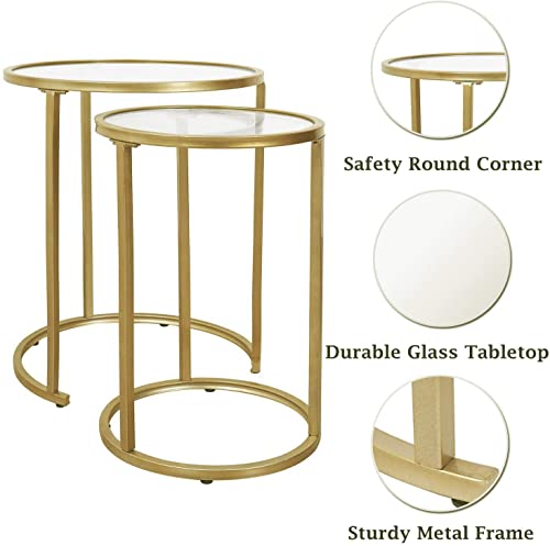 Ritesune Gold Glass Nesting Side End Tables Set Of 2, Round Small Stacking Drink Coffee Table For Small Space, Living Room, Bedroom, Christmas, New Year #TOP3