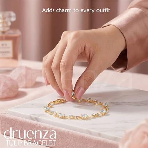 Image of druenza Tulip Bracelet for Women Stylish | Gold Plated Floral Crystal Jewellery | Elegant Adjustable Chain Bracelet for Girls Stylish | Trendy Daily Wear Party Jewelry Gift for Women & Girls