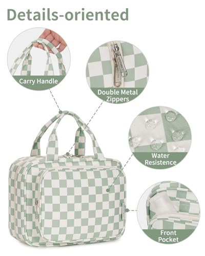 Image of Narwey Large Hanging Toiletry Bag Travel Makeup Bag Cosmetic Organizer for Women and Girls, Z-Mint Green Checkerboard, Medium