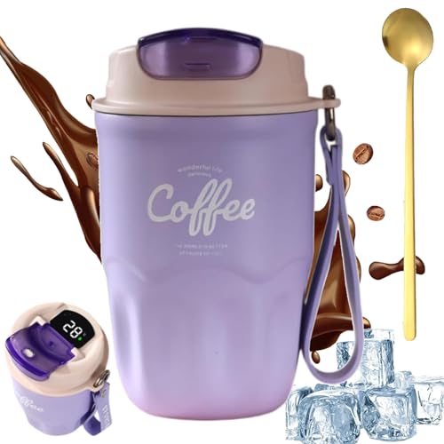 Image of Coffee Vacuum Flask, 12oz Portable Smart LED Temperature Display Coffee Cup with Lid and Handle Strap, 316 Stainless Steel, Leak-proof, Keep Hot and Cold, for Home, Office (Purple)