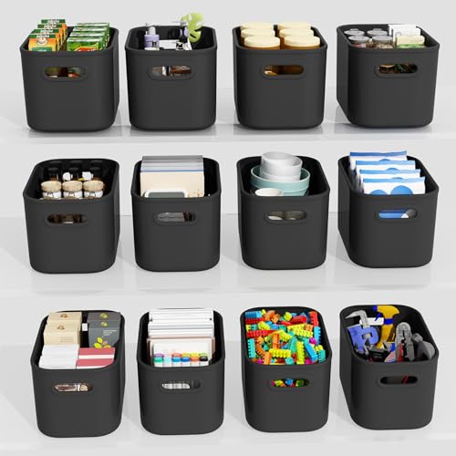 12 Pack Black Storage Bins for Shelves, Plastic Storage Containers