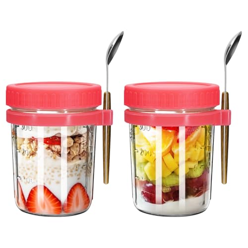 eispap 16oz - 2 Pack Overnight Oats Jars with Lids and Spoon, Overnight Oats Container with Lids, Measurement Marks, Wide Mouth Mason Jars for Salad, Cereal (2pcs red)