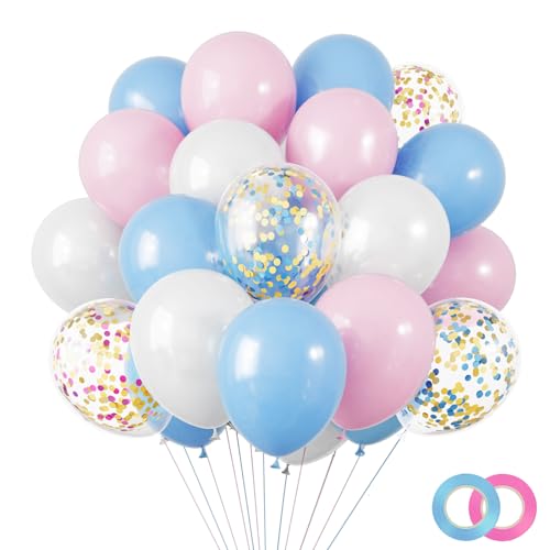 Image of RUBFAC 65pcs Pink and Blue Balloons Kit, 12 Inches Gender Reveal Pastel Pink Blue and White Balloons with Confetti Latex Balloons for Birthday Baby Shower Wedding Gender Reveal Party Decorations