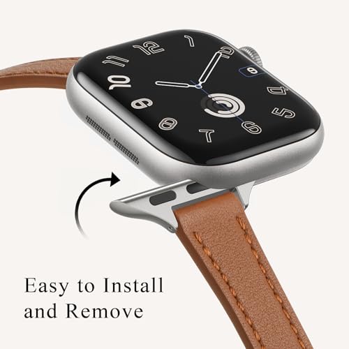 Image of STIROLL Slim Leather Bands Compatible with Apple Watch Band 49mm 46mm 45mm 44mm 42mm(Series 3 2 1), Top Grain Leather Watch Thin Wristband for iWatch Ultra SE Series 11 10 9 8 7 6 5 4(Brown Silver)