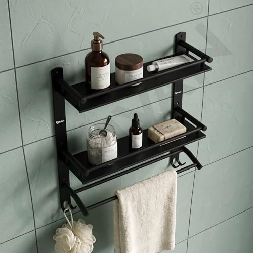 Image of GRIVAN Stainless Steel 3-Tier Bathroom Shelf Rack Stand with Dual Towel Rod | Multipurpose Bathroom Accessories Set (Black Matte)