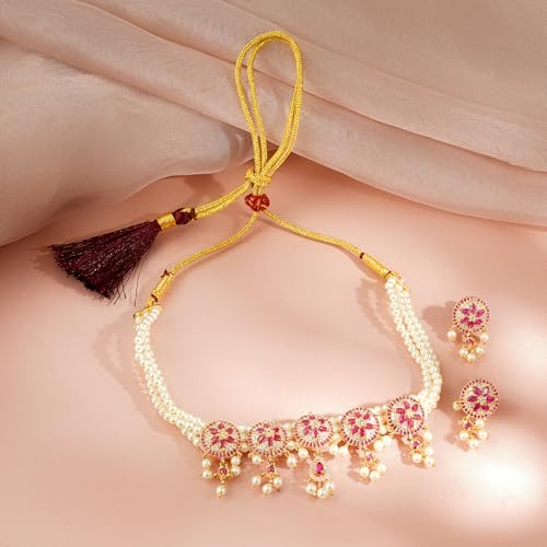 Image of Rubans Pearl Choker Necklace Set Ruby Pink Cubic Zirconia Bridal Wedding Jewellery Gift for Women & Girls