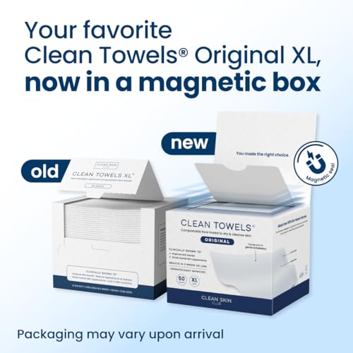 Clean Skin Club Clean Towels XL®, 100% USDA Biobased Face Towel, Disposable Face Towelette, Eczema Association Accepted, Makeup Remover Dry Wipes, Ultra Soft, 1 Pack, 50 Ct