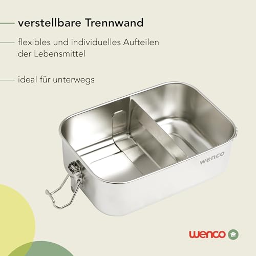 wenco Lunchbox aus Edelstahl, Mit 2 Fächern, Brotdose groß mit 1,5 liter Fassungsvermögen, Wasserdicht, Spülmaschinengeeignet, inkl. Ersatz-Silikonring, 21,5 x 16,5 x 7,0 cm, Silber.