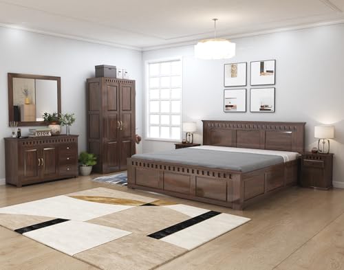 Image of SONA ART & CRAFTS Kuber Solid Sheesham Wood Bedroom Set | Queen Size Bed with Box Storage, Wardrobe, Chest of Drawer & Two Bedside Tables - Walnut Finish (Assembly Included)