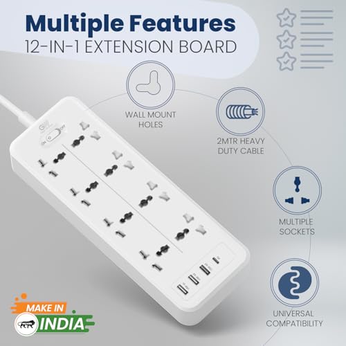 Image of GIGAWATTS 12-in-1 Power Extension Board with 8 Universal Sockets, 12W Type-C PD & 3 USB Fast Charging Ports 2500W 10A 2M Heavy Duty Cable 250V Fireproof Child-Safe Surge Protector (6 Months Warranty)