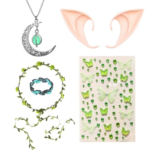 5 Stück Feen Kostüm Damen, Verstellbares Elfen Kostüm Damen mit Blumenkranz, Elfenohren, Halskette, Ring & Stickern, Waldfee Kostüme Frau für...
