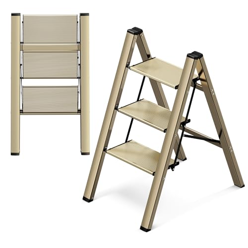 GameGem 3 Step Ladder Aluminum Folding Step Stool with Anti-Slip Sturdy and Wide Pedal Lightweight Portable Stepladder for Home and Kitchen Use Space Saving 330 lbs Champagne Gold