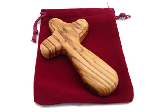 HolyRoses Olive Wood Holding/Comfort Hand Cross for a Child with Velveteen Bag - Christian Cross Made in Bethlehem Fits Comfortably in Child's Hand - With Explanation Card and Psalm 23 (1)