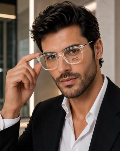 Image of Soft Square Optical Eyeglass Frame for Men & Women, Front with Metal Temples, Clear Demo Lenses, Lightweight Mixed Material Frame, Ribbed Temple Design for Prescription Lens Replacement