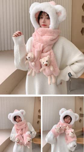 Chapéu de lã com orelhas de urso kawaii, cachecol luva 3 em 1, gorro de sherpa balaclava feminino e