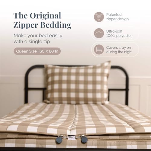 Image of Beddy's Tan Checkered All-in-One Zipper Bedding for Kids /Teens - Queen | Smooth-Glide Zippers, Easy To Make & Wash, Soft Durable Fabric, Checkered Interior, Includes 2 Pillowcases & 2 Shams