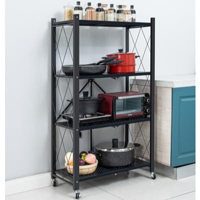 折り畳みラック 折りたたみラックユニット 棚ラックラックメタル キャスター付き頑丈な収納ラック 折り畳み棚 オープンラック 収納棚 防サビ加工 移動便利 ストッパー付きキャスター 組立簡単 レンジ台 キッチンラック (5段折りたたみラック)