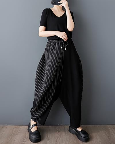 ellazhu Women's Pants Wide Leg Pocket High Waist Harem Pant Patchwork Striped GZ4664
