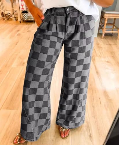 chouyatou Women's Vintage Checkered Barrel Jeans Boyfriend Baggy Jeans Plaid Wide Leg Denim Pants with Pockets2