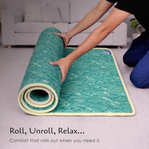 Image of Premium PU Memory Foam Rolling Foldable Mattress for Floor | Folding /Travel /Yoga /Outdoor /Camping /Portable Mat, Single Size Soft Slim Gadda Roll-Up Guest Bed | 1 Inch, Green 72x30 inches