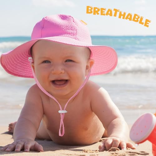 Image of HONGTEYA Baby Sun Hat Toddler Girl Beach Hat Sun Protection Adjustable Outdoor Summer Wide Brim Bucket Hat for Infant Kids