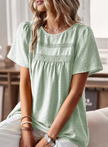 Image of Falechay Womens Summer Tops Crewneck Short Sleeve Shirts Casual Chiffon Blouses Flowy Lace Hem Boho Clothing Trendy 2026