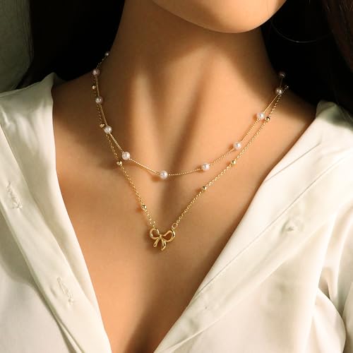 Bow Necklace Trendy 14k Gold Silver Plated Pearl Choker Bow Pendants Necklace Layered Necklaces for Women Jewelry Gift3