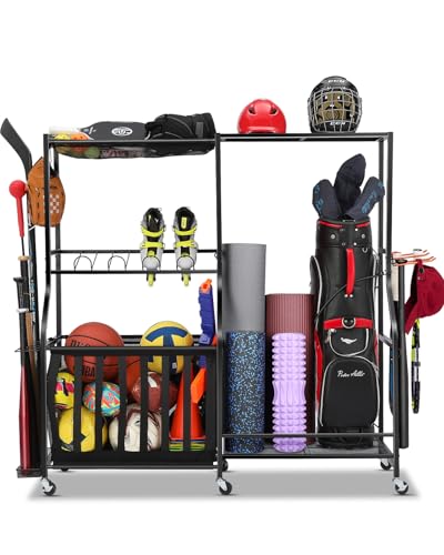 EXTCCT Garage Sports Equipment Organizer with Wheels - Golf Bag Storage Rack and Ball Storage Bins...