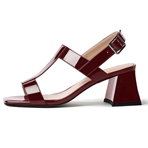 MODENCOCO Women's Strap Buckle Patent Slingback Dating Fashion Square Toe Chunky Low Heel Heeled Sandals 2 Inch2