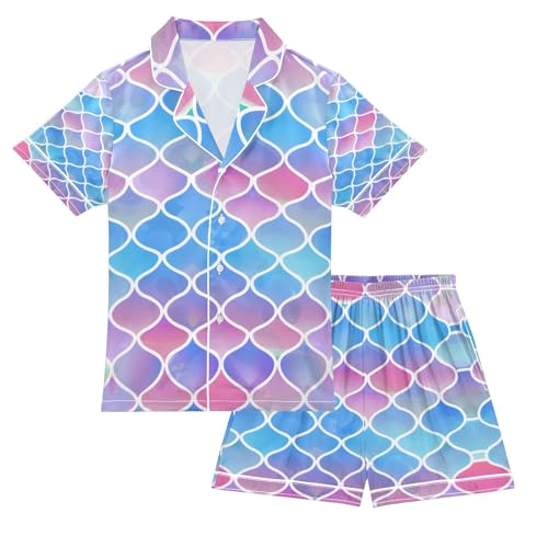 senya Fish Scale Satin Summer Pajama Sets Silk Short Sleeve Button Down Sleepwear