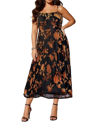 Plus Size Cocktail Dresses - Velvet Party Summer Formal Wedding Guest Sleeveless Spaghetti Strap Floral Midi Dress