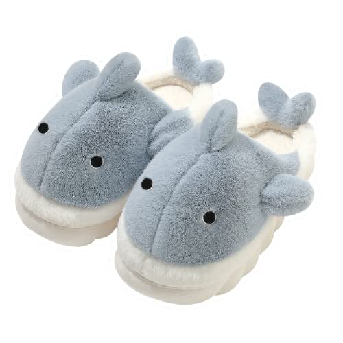 Soft Plush Whale Shark Fuzzy Slippers 1.6'' Heightening Soles for Women Men, Winter Faux Fur Cute Animal Couple Matching Home Slippers