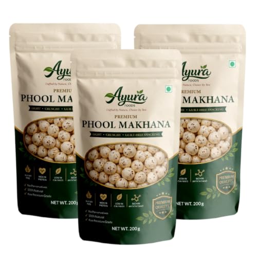 Image of AYURA FOODS CRAFTED BY NATURE, CHOSEN BY YOU Raw Popped Lotus Seeds Phool Makhana | Gluten-Free, Light and Crunchy Puffed Fox Nuts for Healthy Guilt-Free Snacking | Pack of 3, 200 gm Each