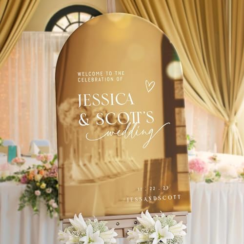 Pahdecor Panneau de bienvenue en forme de miroir doré personnalisé pour décoration de table de mariage, panneau de mariage moderne, minimaliste, panneau de mariage doré miroir en acrylique