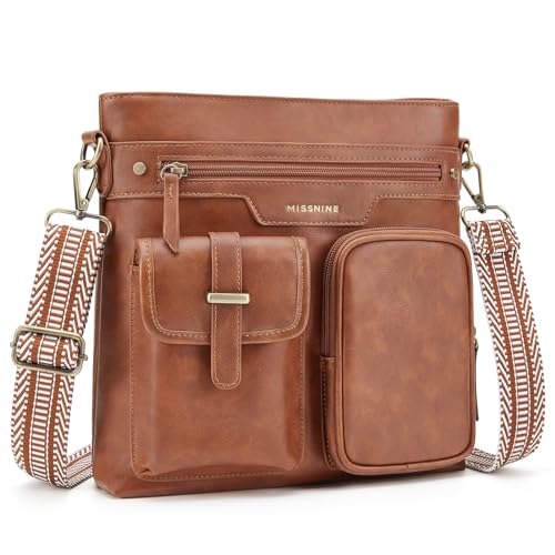 Missnine Crossbody Bags for Women Leather Purses Multi Pocket Trendy Shoulder Handbags with Adjustable Guitar Strap