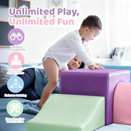 Image of Sumbababy Soft Climbing Blocks Set for Toddlers: 4 PCS Foam Play Structures with Tunnel - Indoor Playground for Kids with Slide and Stairs - Safe Play Gym for Boys and Girls