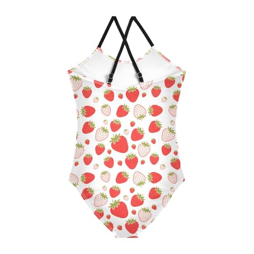 senya Girls Swimsuits One-Piece Swimwear Tie Bathing Suit Beach Summer Round Neck 9-10T Red Strawberry Pattern2