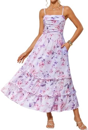 GRACE KARIN 2025 Women's Summer Floral Maxi Dress Casual Sleeveless Ruffle Tiered Wedding Guest Flowy Dresses with Pockets