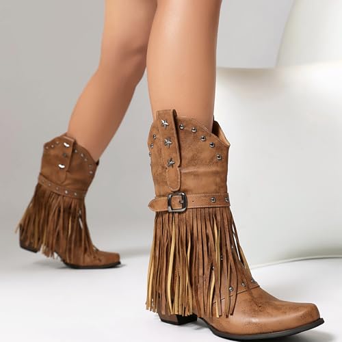 Metal Decoration Studded Fringe Cowboy Boots for Women4