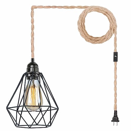 15Ft Hanging Pendant Light Kit Farmhouse Hemp Rope Light Cord Metal Cage Lampshade Lighting Fixture with Switch Plug in for Bedroom Living Room Kitchen DIY Decor UL Listed E26