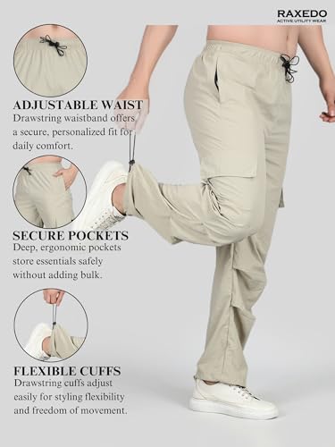 Image of Men's Water-Resistant Parachute Pants | Mens Bottom Wear | Cargo Pants for Men | Korean Pants for Man | Baggy Trackpants | Lightweight Multi-Pocket Utility Fit - Freedom to Move & All-Day Comfort