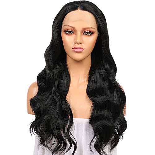 Body Wave 1B Black Lace Front Wigs For White Or Black Women 22 Inches Realistic Fashion Long Wavy Black Synthetic Wig Heat Resistant Glueless Middle Part Natural Color Long Wavy Lace Front Wig