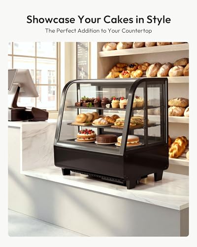 Image of Certified Commercial Refrigerator, 3.6 Cu.Ft Countertop Refrigerator Refrigerated Display Case with Curved Glass & Auto Defrost, Freestanding Bakery Display Case for Cafe & Restaurant