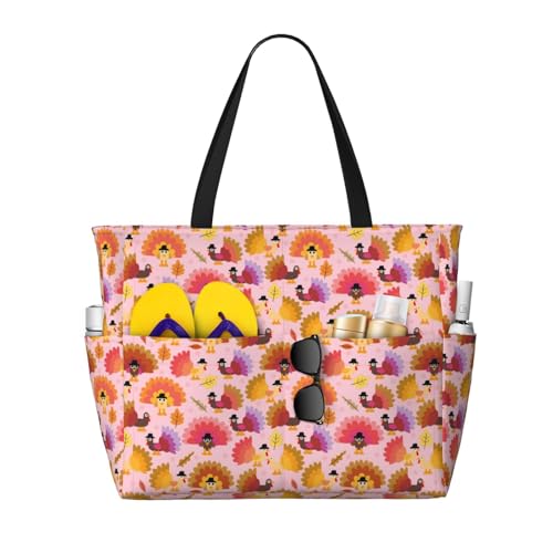 Happy Thanksgiving Turkey Print Beach Pool Bags Tote For Women Ladies Large Gym Tote Carry On Bag For Weekender Travel Waterproof