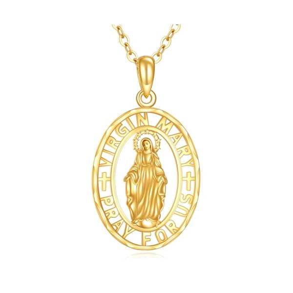KECHO 14K Solid Gold Virgin Mary Necklace Religious Protector Pendant 14K Real Gold Jewelry Gifts for Men Women