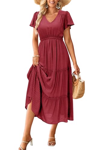 VOTEPRETTY Women's 2025 Summer Boho Maxi Dresses Flutter Short Sleeve V Neck Casual Beach Wedding Guest Vacation Long Dress