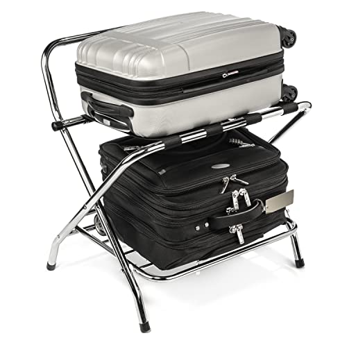 Ustech 2-Tier X- Shaped Luggage Rack Made Of Premium Steel, With Nylon Straps, Rubber Feet, & High Back To Hold Suitcases & Luggage | Kd Chrome Finish | Foldable Style #TOP4