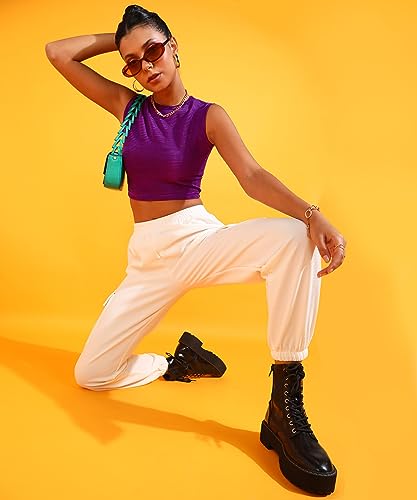 Image of POPWINGS Women Casual Self Design Wrinkle Purple Crop Top Tops for Women | Stylish Tops for Women | Trendy Tops Women